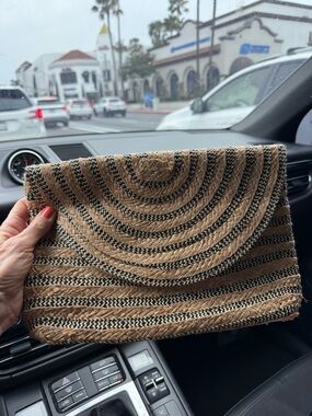 Woven Straw Clutch with Black Braided Accents
